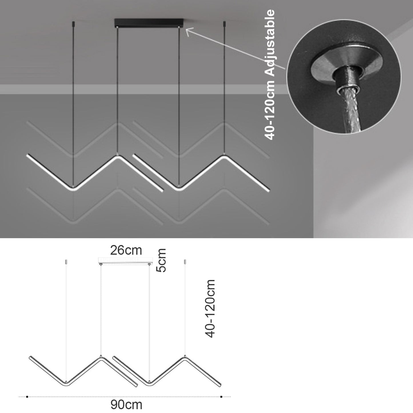 Ailiebe Design® LED-Pendelleuchte Esstischlampe Deckenleuchte Dimmbar mit Fernbedienung mit Memory Funktion Breite 90cm Länge 40-120cm Verstellbar Schwarz AILIEBE021