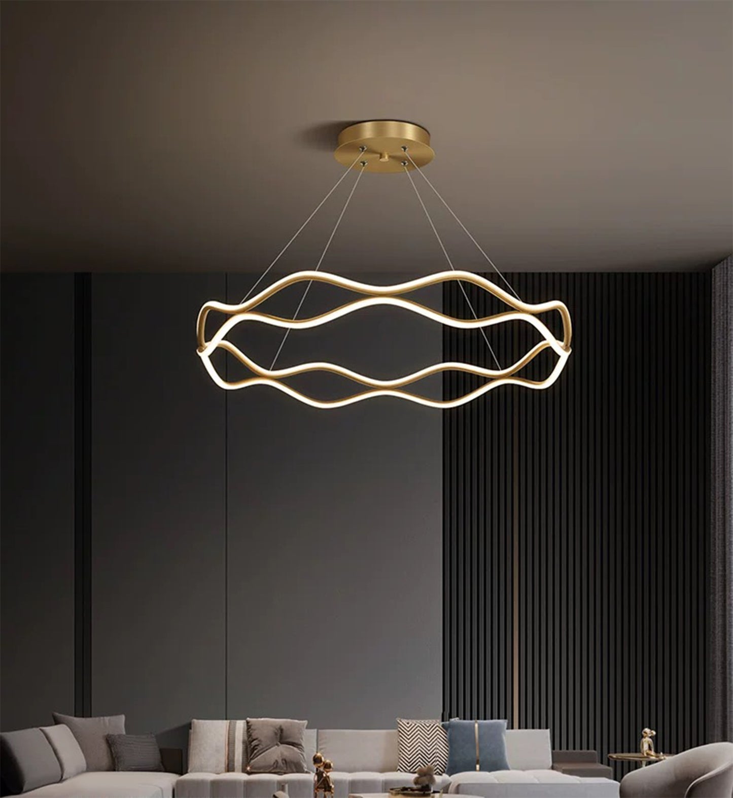 Ailiebe Design® LED Pendelleuchte Esstischlampe Deckenleuchte Dimmbar mit Fernbedienung mit Memory Funktion Durchmesser 40cm Höhe 40-120cm Verstellbar Goldfarbe Welle Krone ADLEDD022N